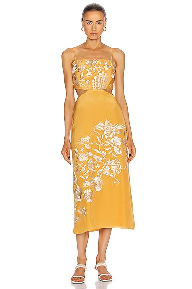 Johanna Ortiz Moon Whispers Embroidered Midi Dress in Yellow Ochre - Yellow,Floral. Size 0 (also in  | FWRD 