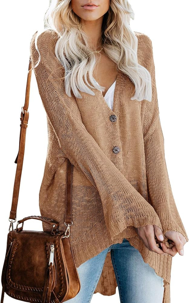 Womens Boho Kimono Cardigans Loose Sheer Long Sleeve Button Down V Neck Lightweight Crochet Sweat... | Amazon (US)