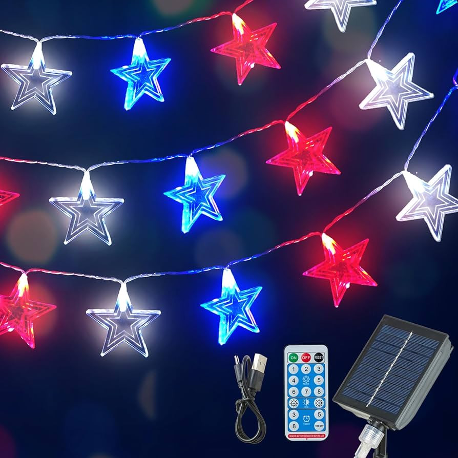 4th of July Decorations Red White Blue Lights with 60Led Big Stars, Solar Powered Rechargeable In... | Amazon (US)