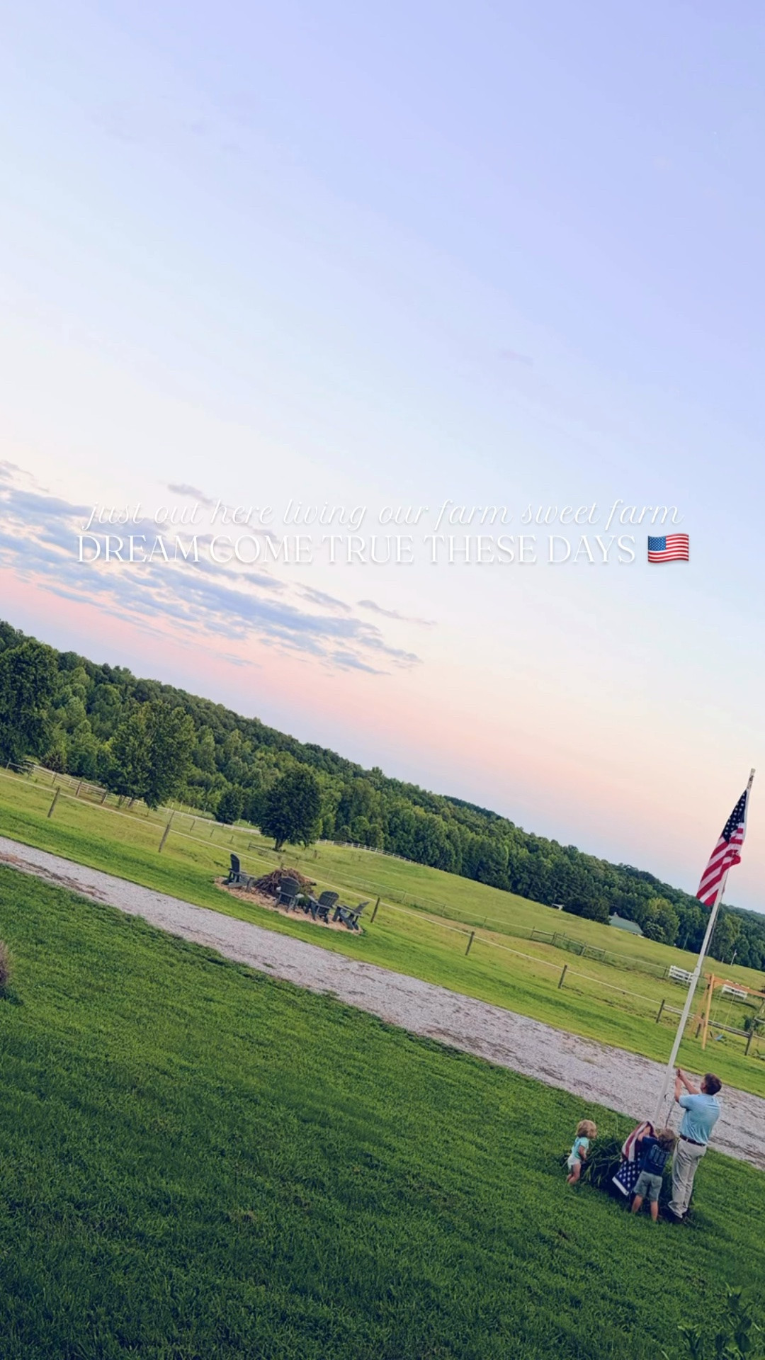 These little All-American 🇺🇸 cuties of ours lovedddd 🥰 getting to help “Dada”  hang the new flag ❤️🤍💙 on our flagpole this evening over the farm !!! 🌳✨🌾  And daddy even got that fb marketplace (100 % free 🏷️ !!!) @bakerfurniture wooden 🪵 buffet out of the garage and into the dining room!!! 💪🏽 And I think I am going to try and find a pretty white/cream lace table runner or fabric to go over top of it - how cute 🥰 would that be?! 🤩 And then they rushed me over - “Come on, mom! Look look! A deer!”  to see a deer 🦌 they spotted!! 🤭 They are biggggg fans 🤩 of their nightly deer sightings! 🤠 These are the days! 🫶🏽🫶🏽🫶🏽 #latejulynights #summernights #farmsweetfarm