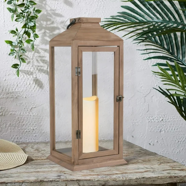 Better Homes & Gardens Decorative Natural Wood and Glass Battery Operated Outdoor Lantern with Re... | Walmart (US)