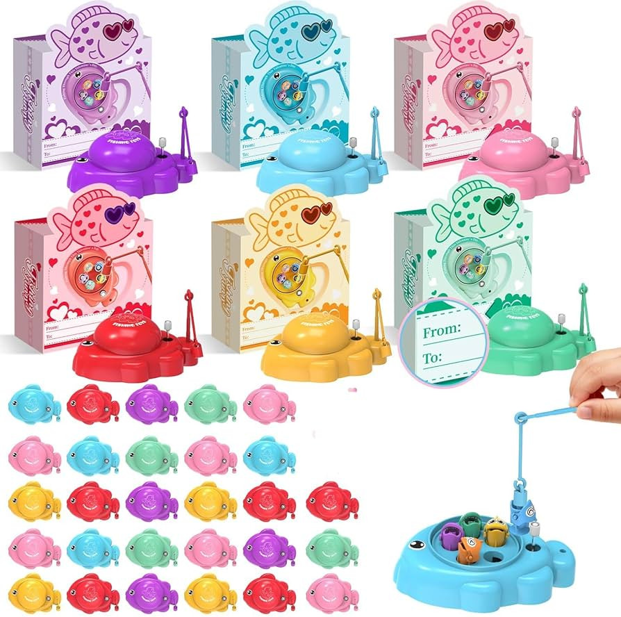 Valentines Day Gifts for Kids, 28Pcs Magnetic Fishing Game with Gift Cards Box, Wind-Up Fishing T... | Amazon (US)