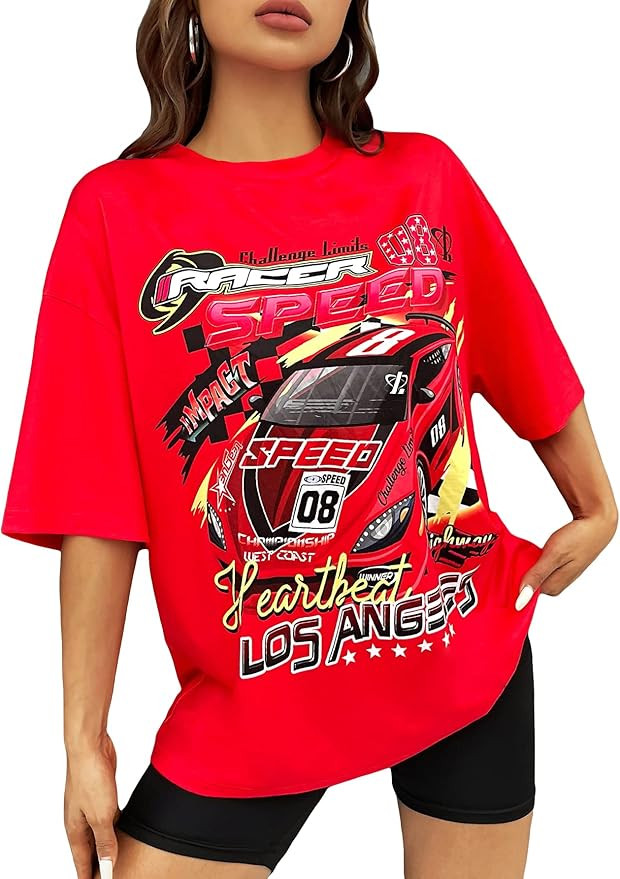 SHENHE Women's Summer Tops Car Letter Graphic Oversized Casual T Shirts | Amazon (US)