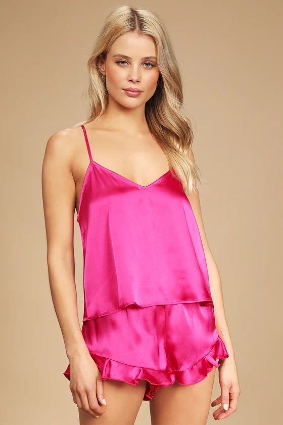 Sweetest Dreams Hot Pink Satin Ruffled Two-Piece Pajama Set | Lulus (US)