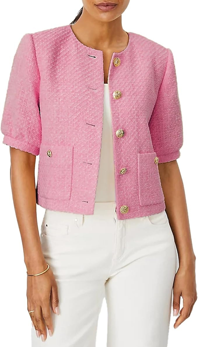 LifeShe Puff Short Sleeve Tweed Jacket Women Cropped Jackets Summer Open Front Office Work Blazer... | Amazon (US)
