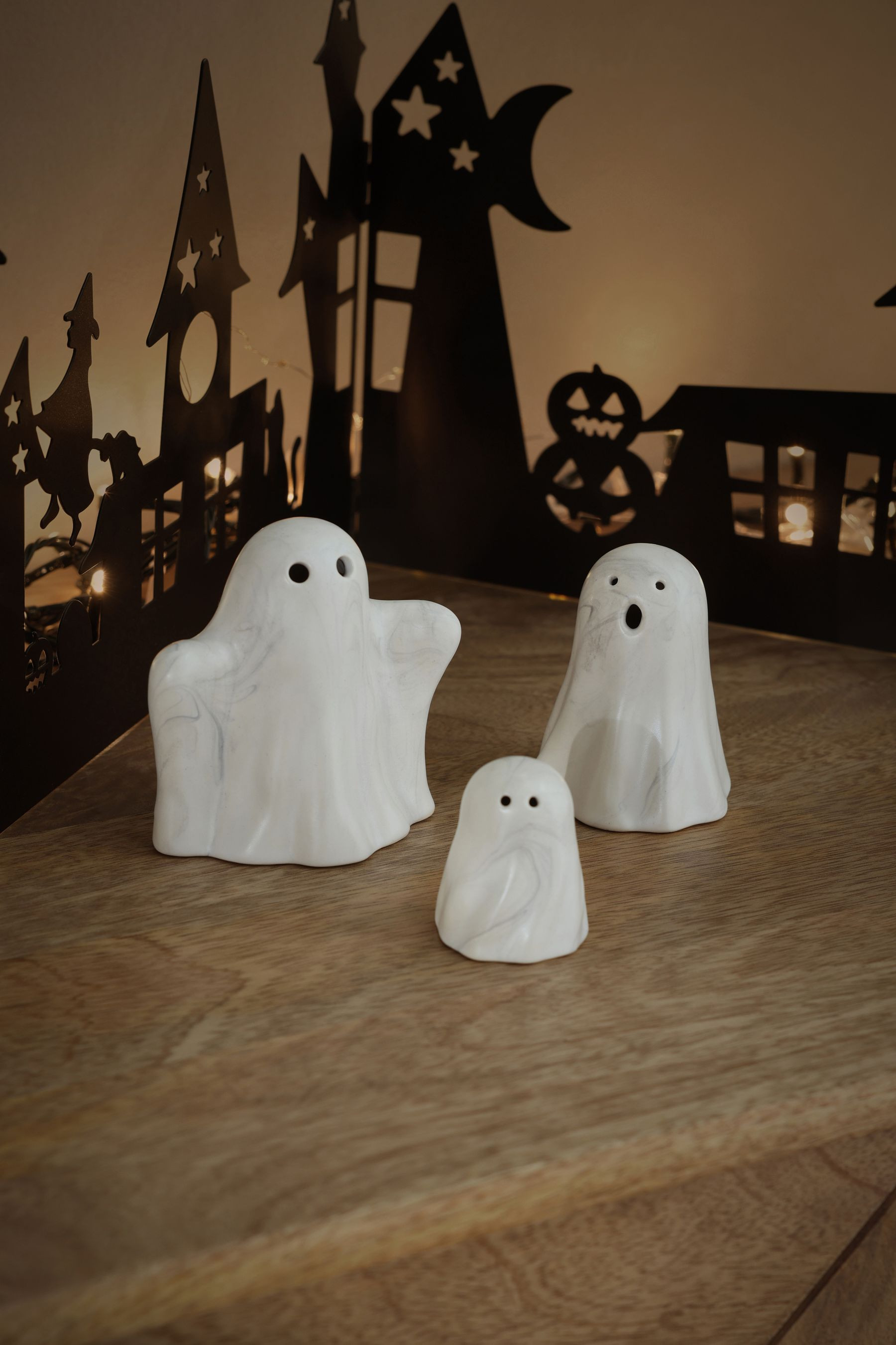 Cream Halloween Marble Ghost Ornaments Set of 3 | Lipsy