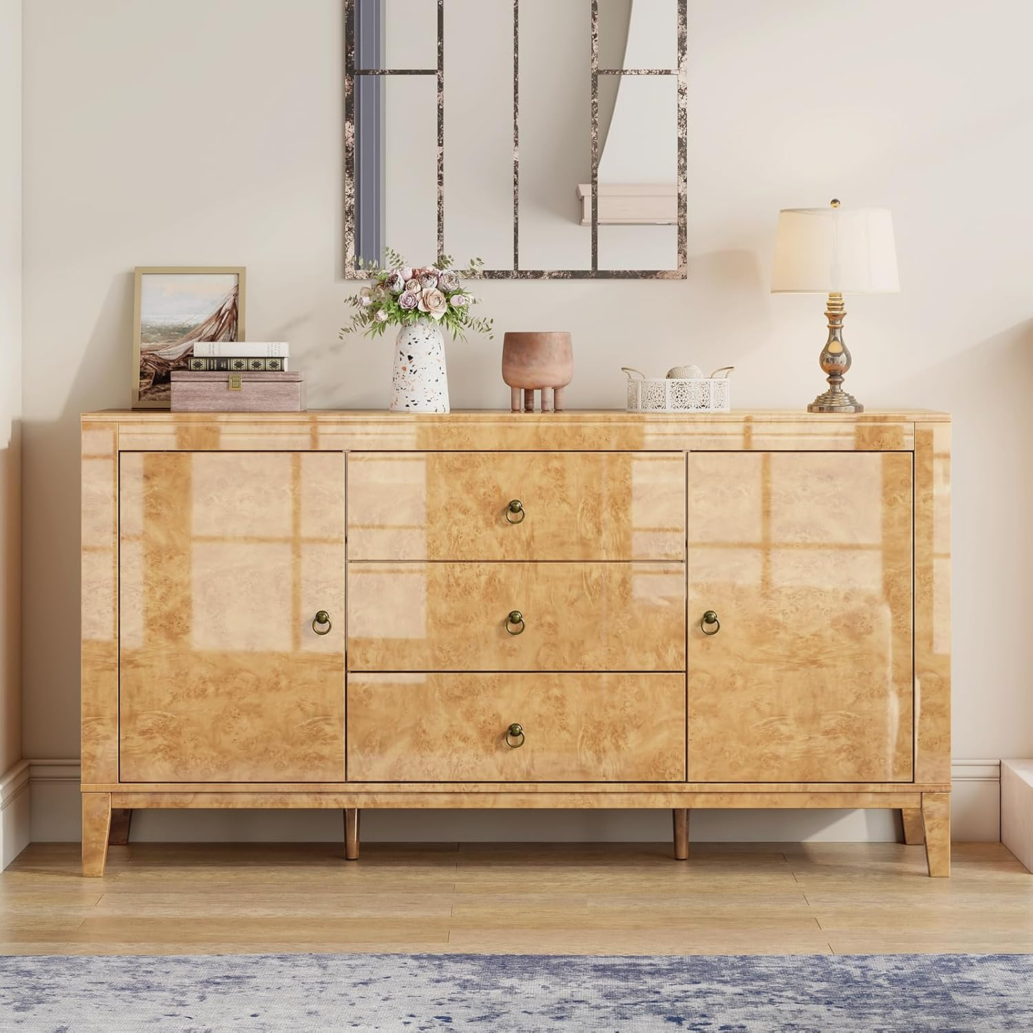 High Gloss Sideboard Buffet Burl Wood 60'' Cabinet Buffet Table with 3 Drawers & 2 Closed Storage... | Amazon (US)