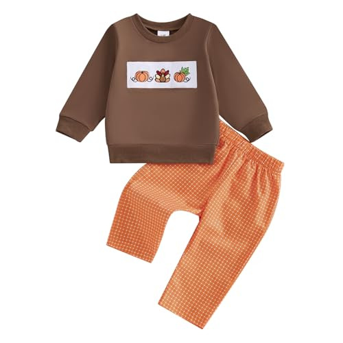Thanksgiving Toddler Baby Boy Outfit Turkey Pumpkin Embroidered Shirt And Plaid Pants Vingate My First Thanksgivng (Tukery Pumpkin Plaid, 2-3T) | Amazon (US)
