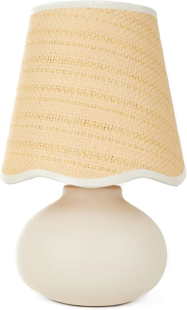 11" Small Mini Boho Table Lamp – Handmade Ceramic Cream Base with Scallop Woven Rattan Shade, D... | Amazon (US)
