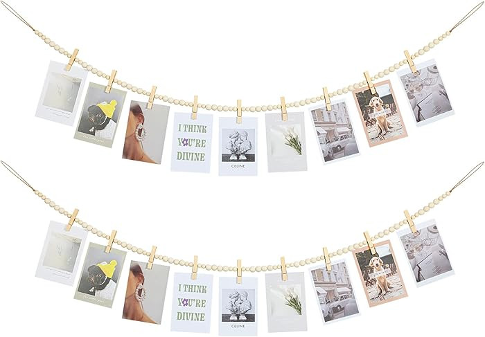 KLOGTSIND 2PCS Hanging Photo Display Wall Decor, Boho Wooden Bead Garland Picture Christmas Card ... | Amazon (US)