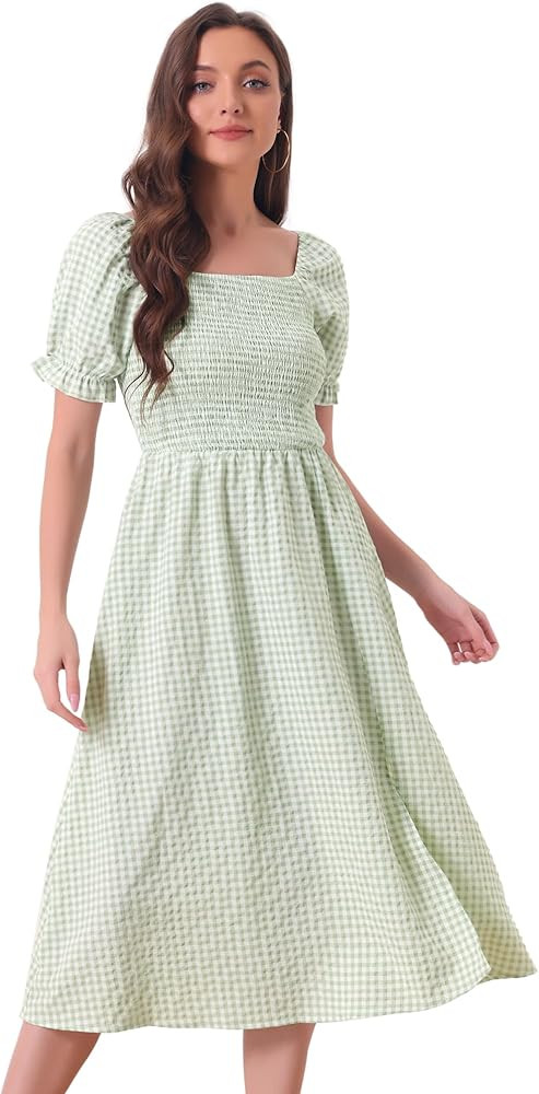 Allegra K Midi Dress for Women's Smocked Front Tie Back Checks Gingham Dresses | Amazon (US)