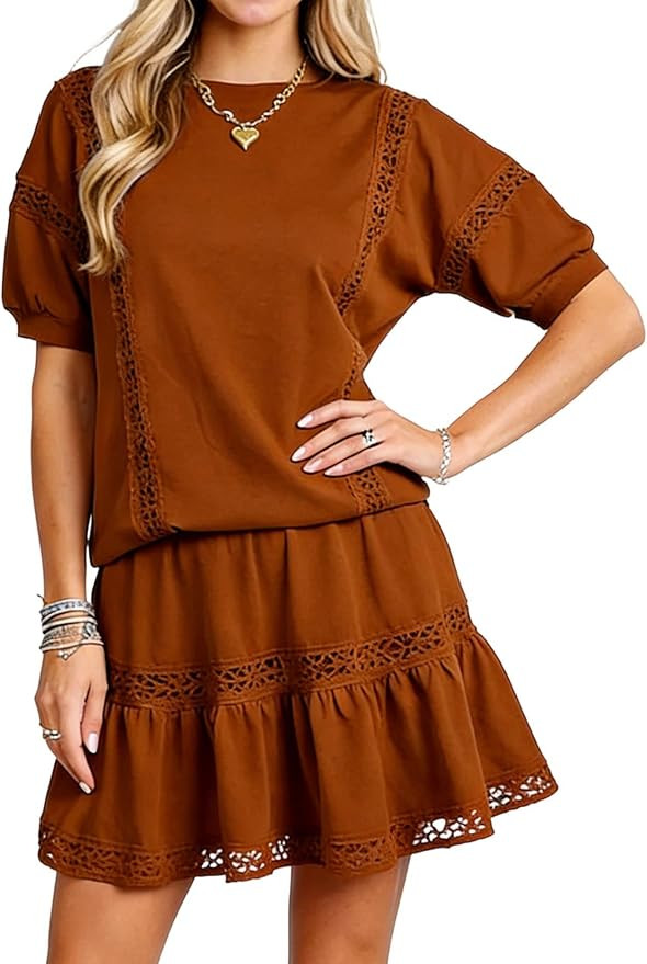 CHARTOU Women Eyelet Two Pieces Short Sets Puff Short Sleeve Top Tiered Mini Skirt Y2k Lace Match... | Amazon (US)