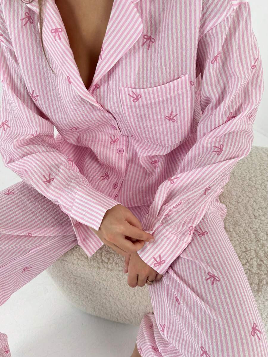 Aloruh Women's Two-Piece Set New Red & White Striped Printed Shirt & Pants Home & Casual 2pcs Out... | SHEIN