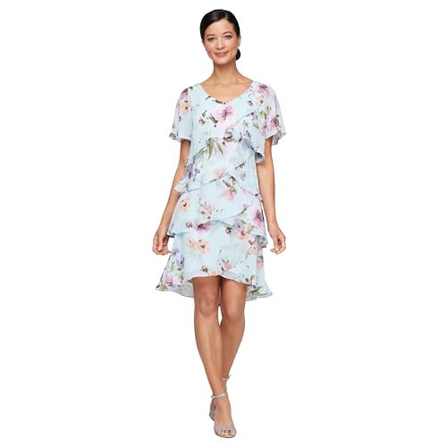S.L. Fashions Women's Short Sleeve Floral Tiered Chiffon Cocktail Spring/Summer Dress, Wedding Guest Dress, Blue Multi V-Neck, 6 | Amazon (US)