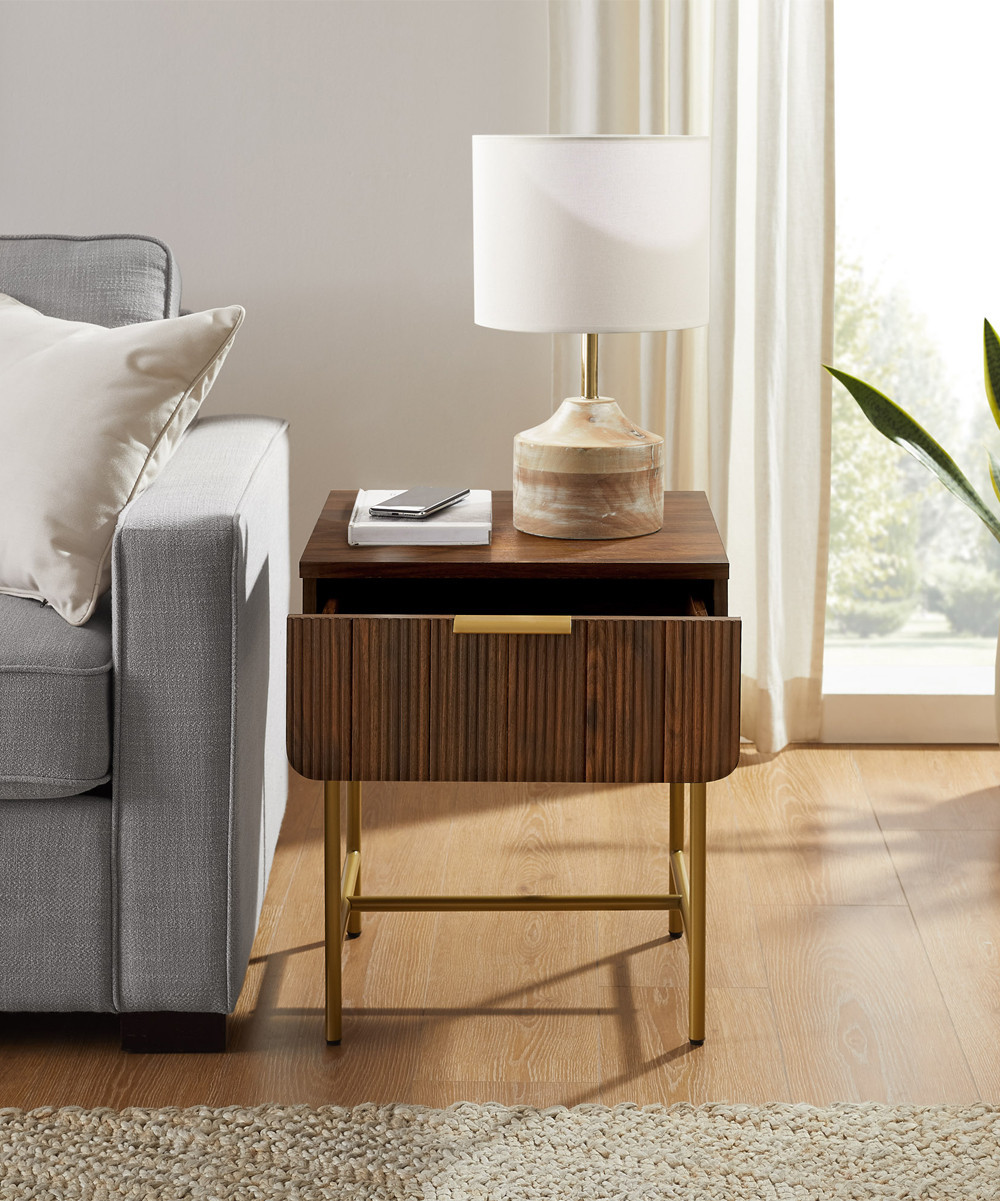 Walker Edison End Tables Dark - Dark Walnut & Gold Reeded One-Drawer Side Table | Zulily