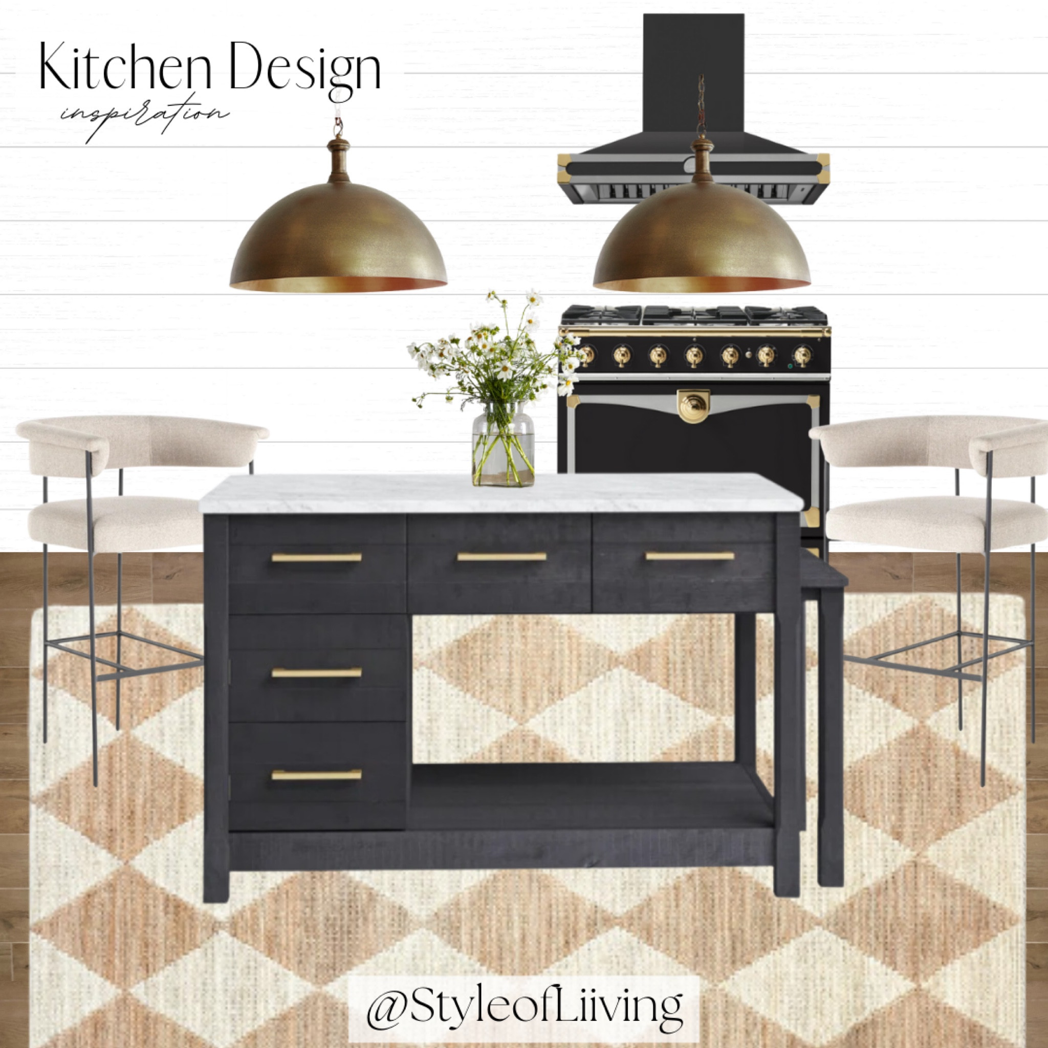Kitchen design inspiration! Kitchen island, bar counter stools, oven stove, dome brass light pendants, area rug, flower glass vase. #kitchen #kitchendesign #interiordesigns 

#LTKHome #LTKFamily #LTKStyleTip