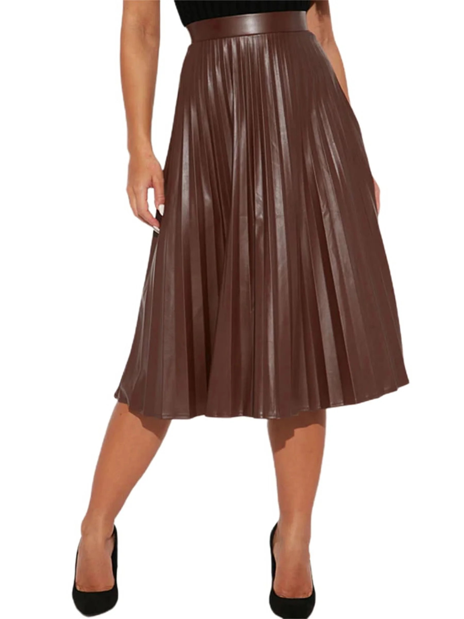 AMILIEe Women's Faux Leather Midi Skirt, High Waist Pleated A-line Skirt | Walmart (US)