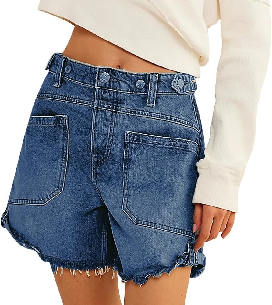 Women Mid Waist Jean Shorts Raw Hem Trendy Folded Hem Denim Short Jeans | Amazon (US)