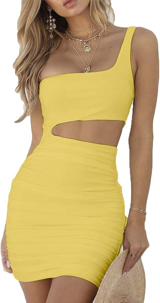 CHYRII Women's Sexy One Shoulder Sleeveless Cutout Ruched Bodycon Mini Club Dress | Amazon (US)