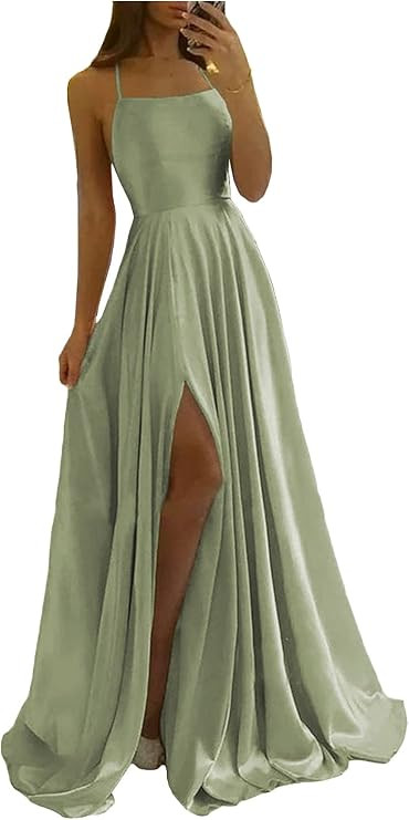 Spaghetti Straps Satin Prom Dresses Long with Side Slit A Line Bridesmaid Dress with Pockets WD05... | Amazon (US)