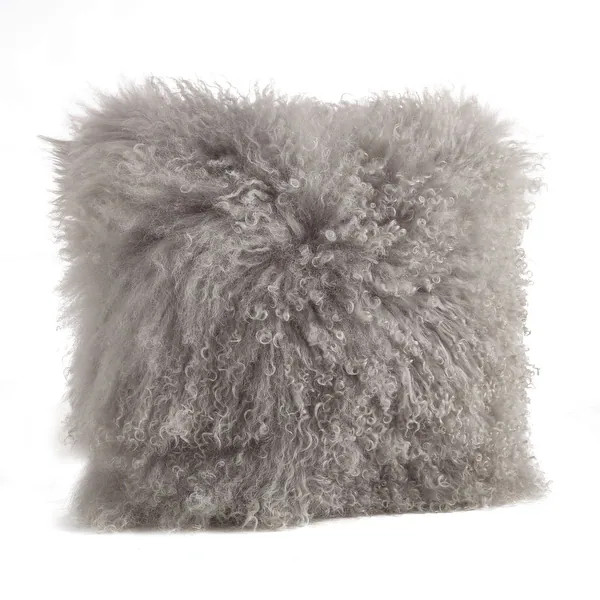 Wool Mongolian Lamb Fur Decorative Throw Pillow - 20 X 20 - Fog | Bed Bath & Beyond