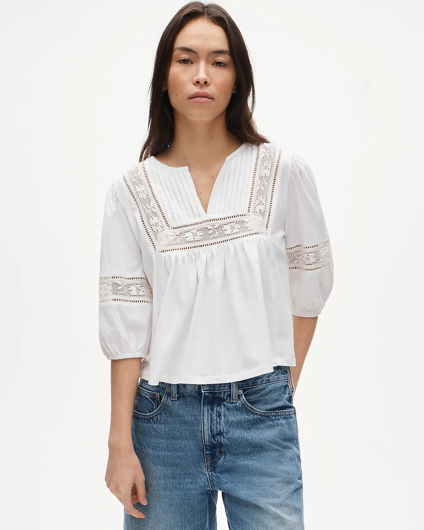 Lace-trim puff-sleeve shirt in broken-in jersey | J. Crew US