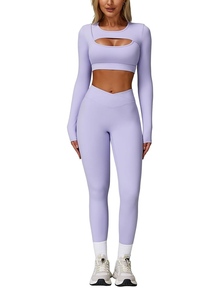 2 Piece Workout Sets for Women Seamless High Waist Flare Leggings Yoga Long Sleeve Cutout Crop To... | Amazon (US)
