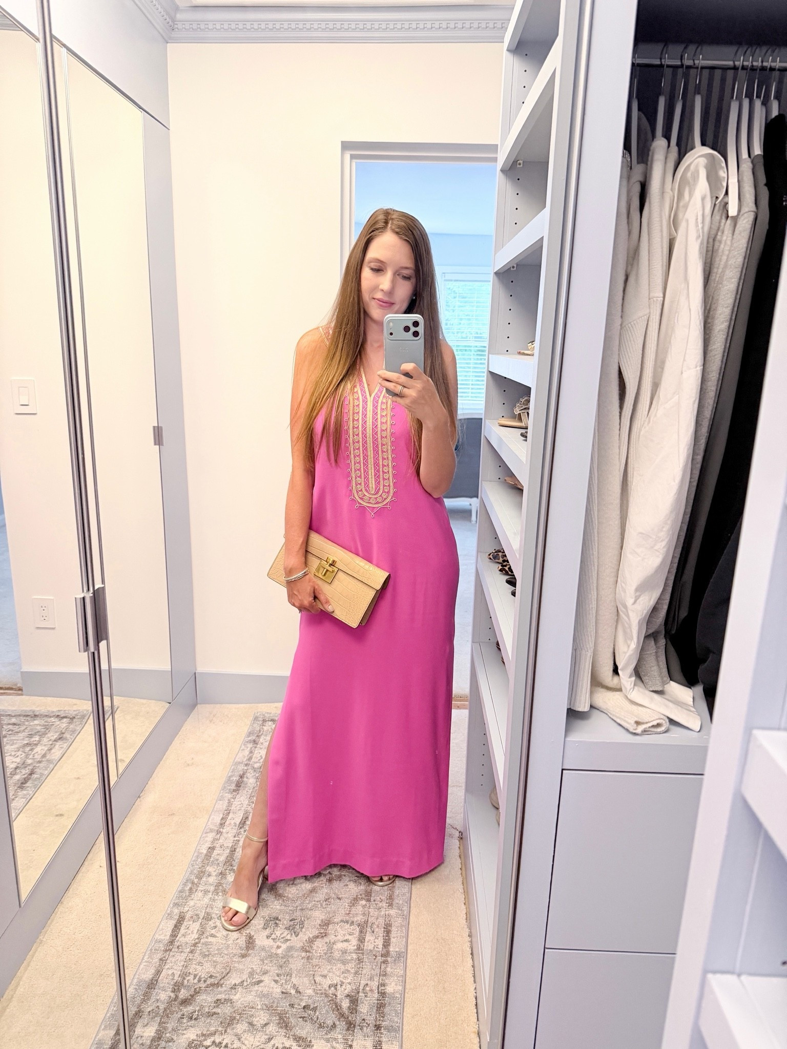 Summer date night / wedding guest look with a pink maxi dress with gold detailing, comfortable but gorgeous high heel block sandals in gold leather & an alligator leather clutch that’s on sale

#LTKSaleAlert #LTKSeasonal #LTKWedding