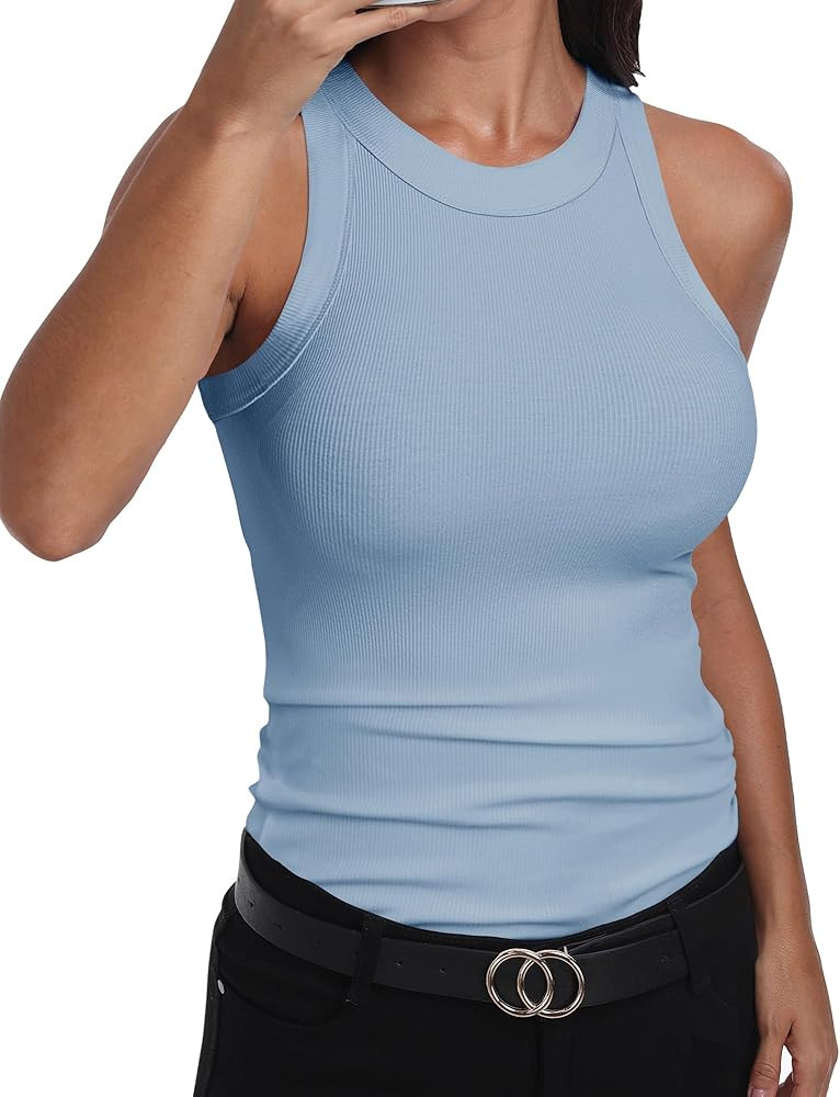 GEMBERA Womens Sleeveless Racerback High Neck Casual Basic Cotton Ribbed Fitted Tank Top | Amazon (US)