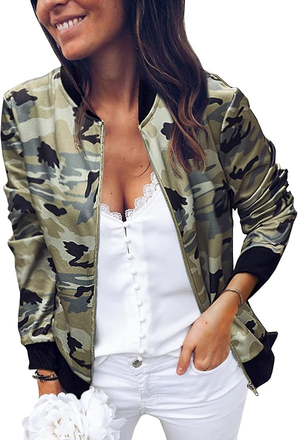 ECOWISH Women's Casual Floral Zip Up Bomber Jacket Coat Stand Collar Lightweight Short Outwear To... | Amazon (US)