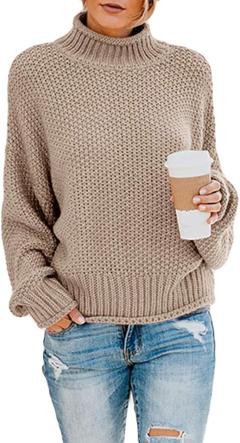 Ybenlow Womens Turtleneck Sweaters Batwing Long Sleeve Casual Loose Oversized Chunky Knit Pullove... | Amazon (US)