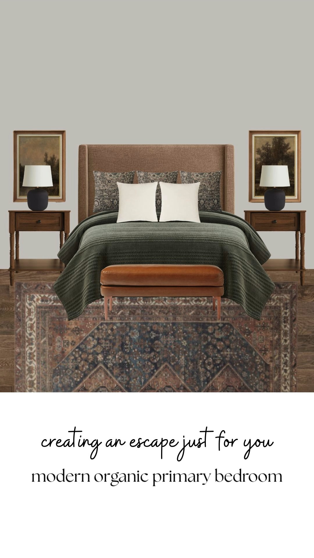 Creating a bedroom that feels calm, grounded, and collected starts with layering rich textures, warm wood tones, and timeless neutrals. This modern organic primary bedroom mixes earthy tones, vintage-inspired patterns, and soft lighting for a space that feels elevated while still staying incredibly cozy and livable.

modern organic bedroom, cozy primary bedroom, earthy neutral interiors, warm wood bedroom furniture, layered bedroom textures, vintage inspired rug, warm ambient bedroom, organic modern decor, collected home aesthetic, cozy elegant interiors, designer inspired bedroom, timeless bedroom decor, warm neutral palette, modern transitional bedroom, earthy luxury interiors, layered bedding inspiration, sophisticated cozy bedroom, warm gathered home, moody neutral bedroom, elevated bedroom styling 

 #LTKHome