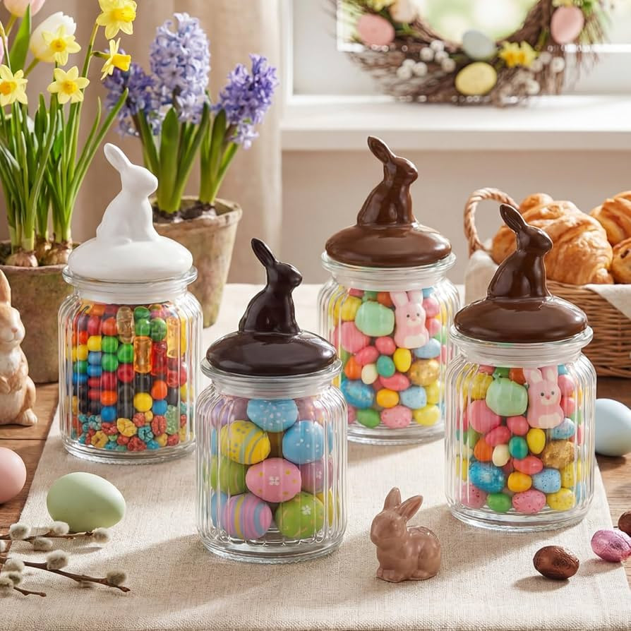 4 Pcs Easter Rabbit Glass Jar with Cap Chocolate Rabbit Shape Candy Jar Chocolate Themed Decorati... | Amazon (US)
