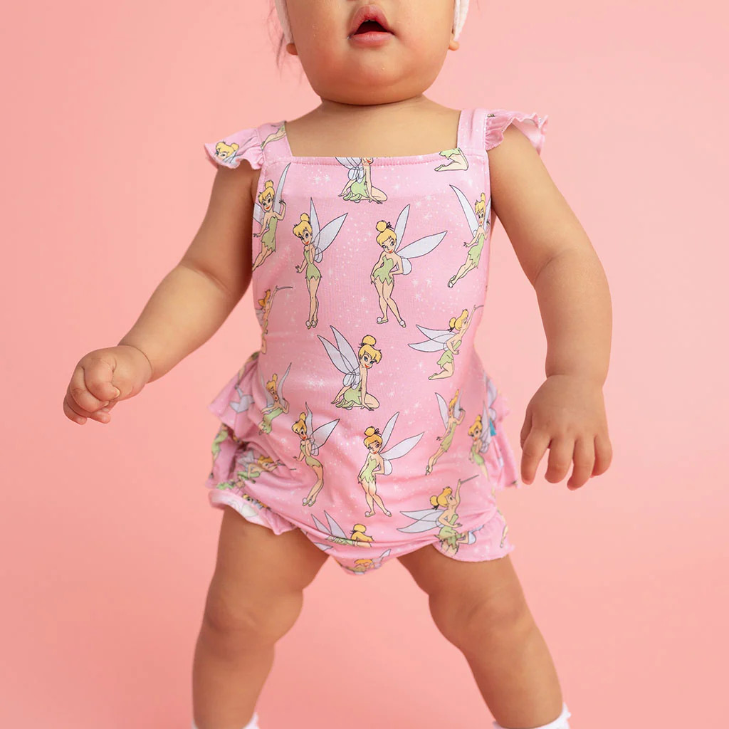 Fairy Pink Daywear Disney Tinker Bell Ruffled Strap Bubble Romper | Posh Peanut\u00ae | Posh Peanut