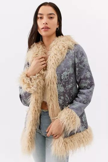 UO Amber Brocade Faux Fur Coat | Urban Outfitters (US and RoW)