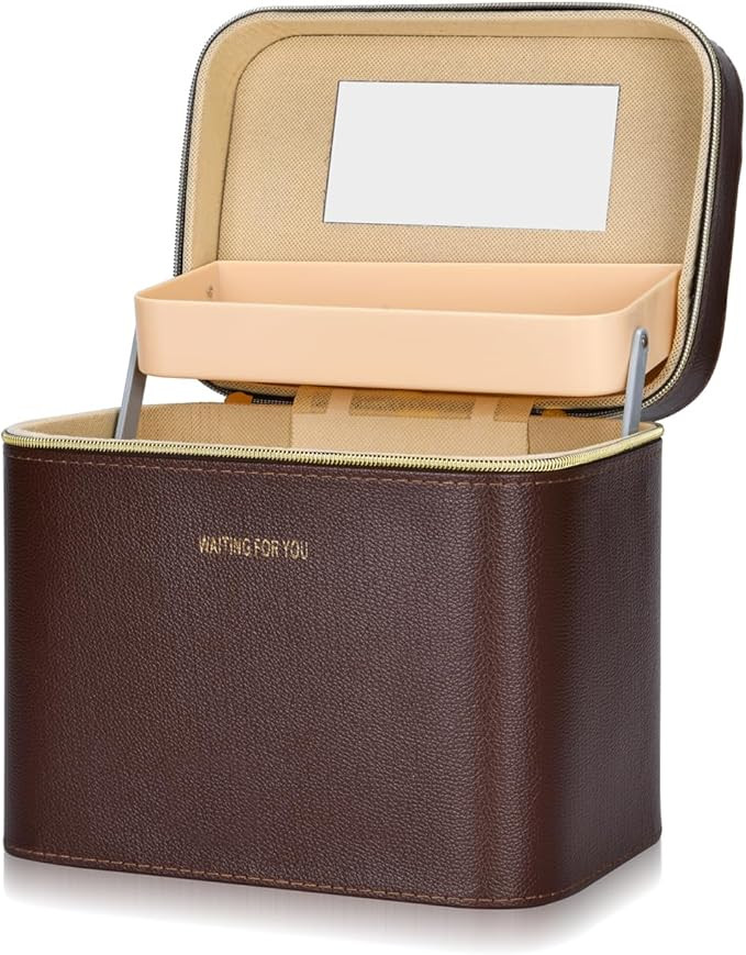 Luxury brown makeup box, Portable leather hard cosmetic case with mirror, Professional train case... | Amazon (US)