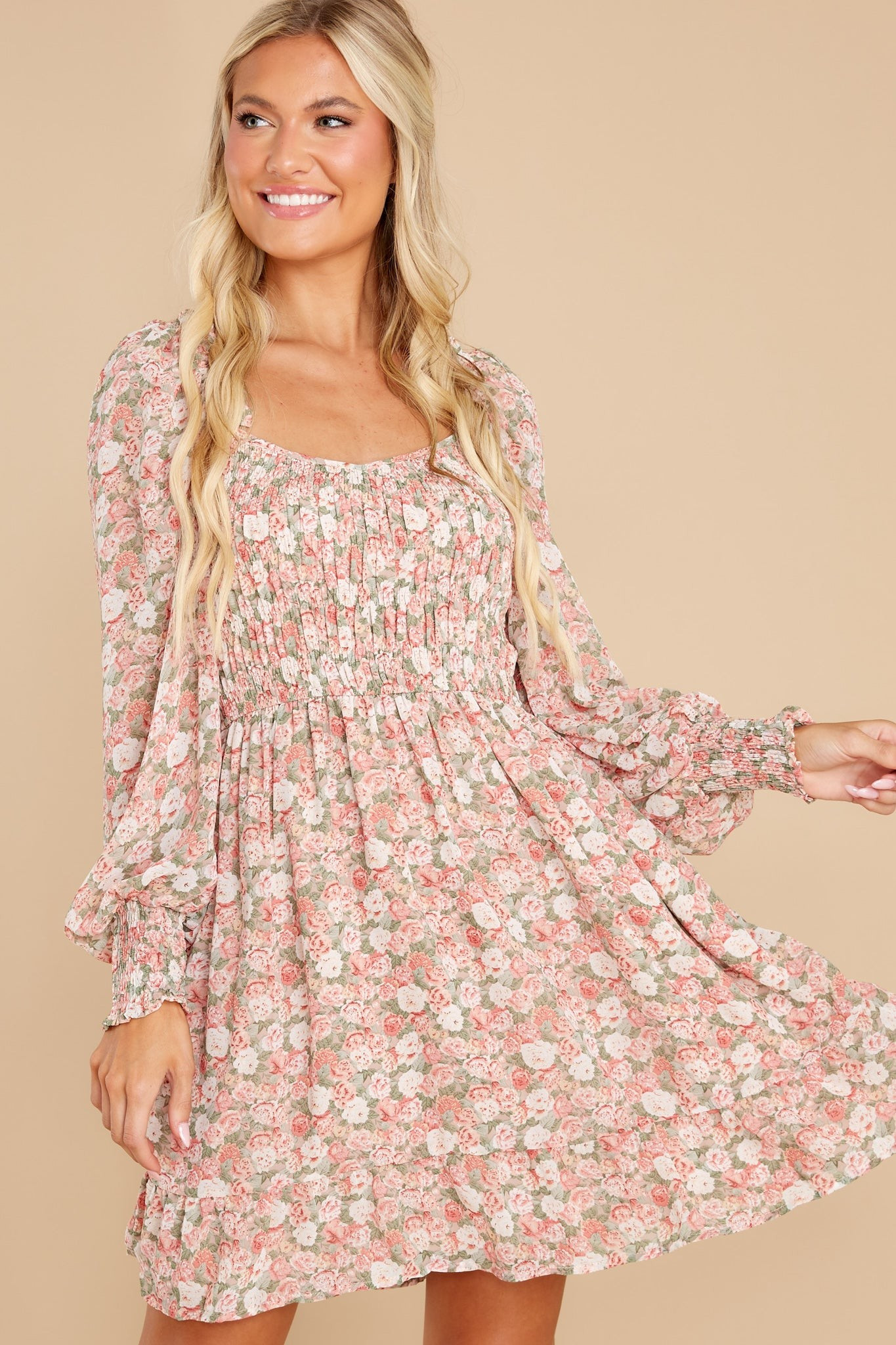 Among The Roses Blush Multi Floral Print Dress | Red Dress 