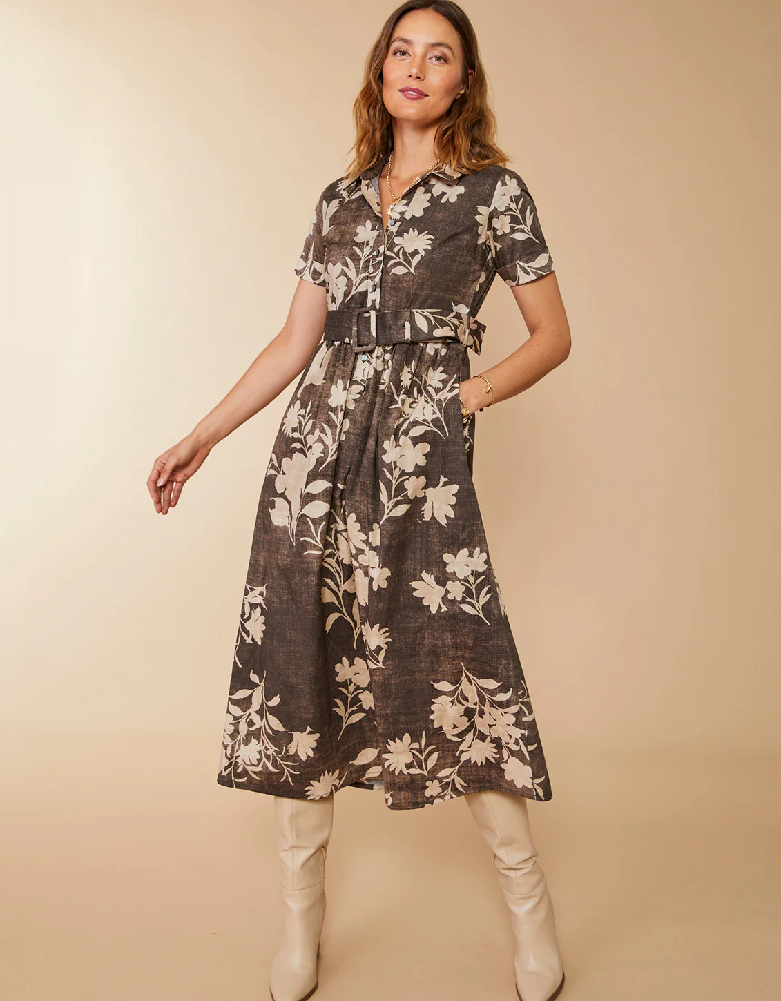 Maryam Poplin Midi Dress Botanic Garden Floral Cascade Gray | Spartina 449