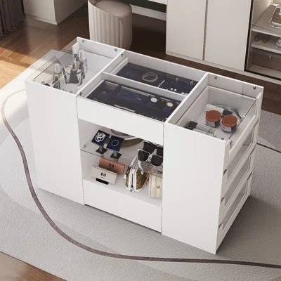Closet Island With 12 Drawers, Wardrobe Armoire Island with Glass Top and Display Shelves, White | Wayfair North America