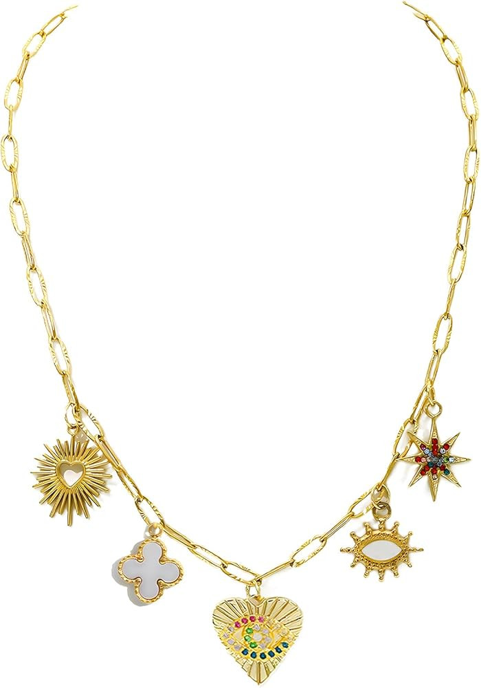 JNF Gold Charm Necklace for Women Paperclip Chain Necklace Sun Moon Star Coin Heart Flower Boot B... | Amazon (US)