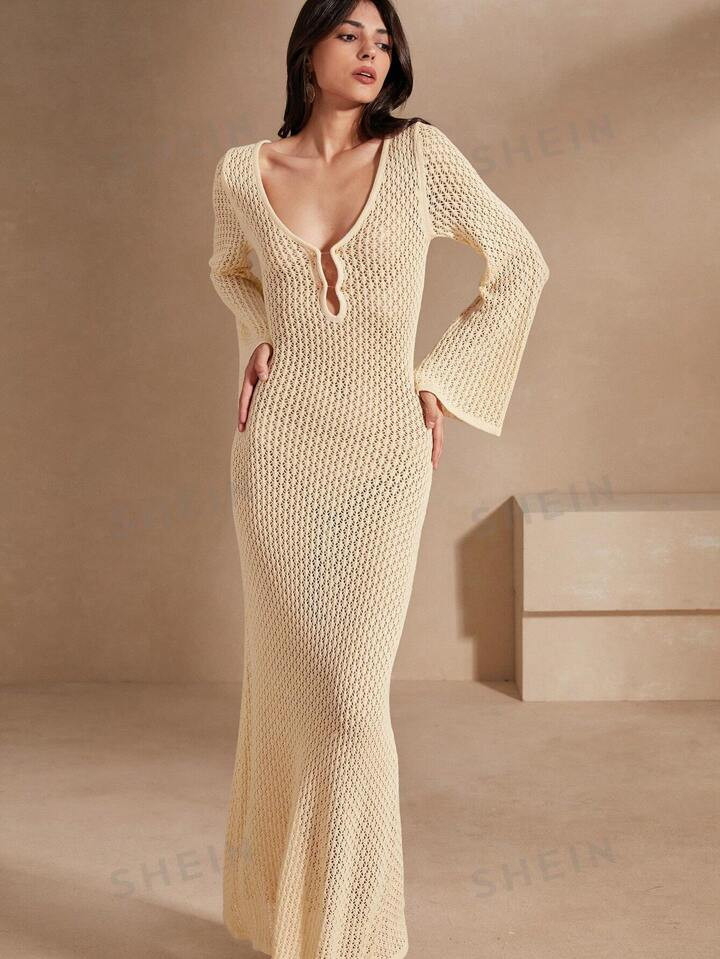 Anewsta Women's Solid Color Beach Holiday Dress With Flared Sleeves And High Low Hemline,Summer B... | SHEIN