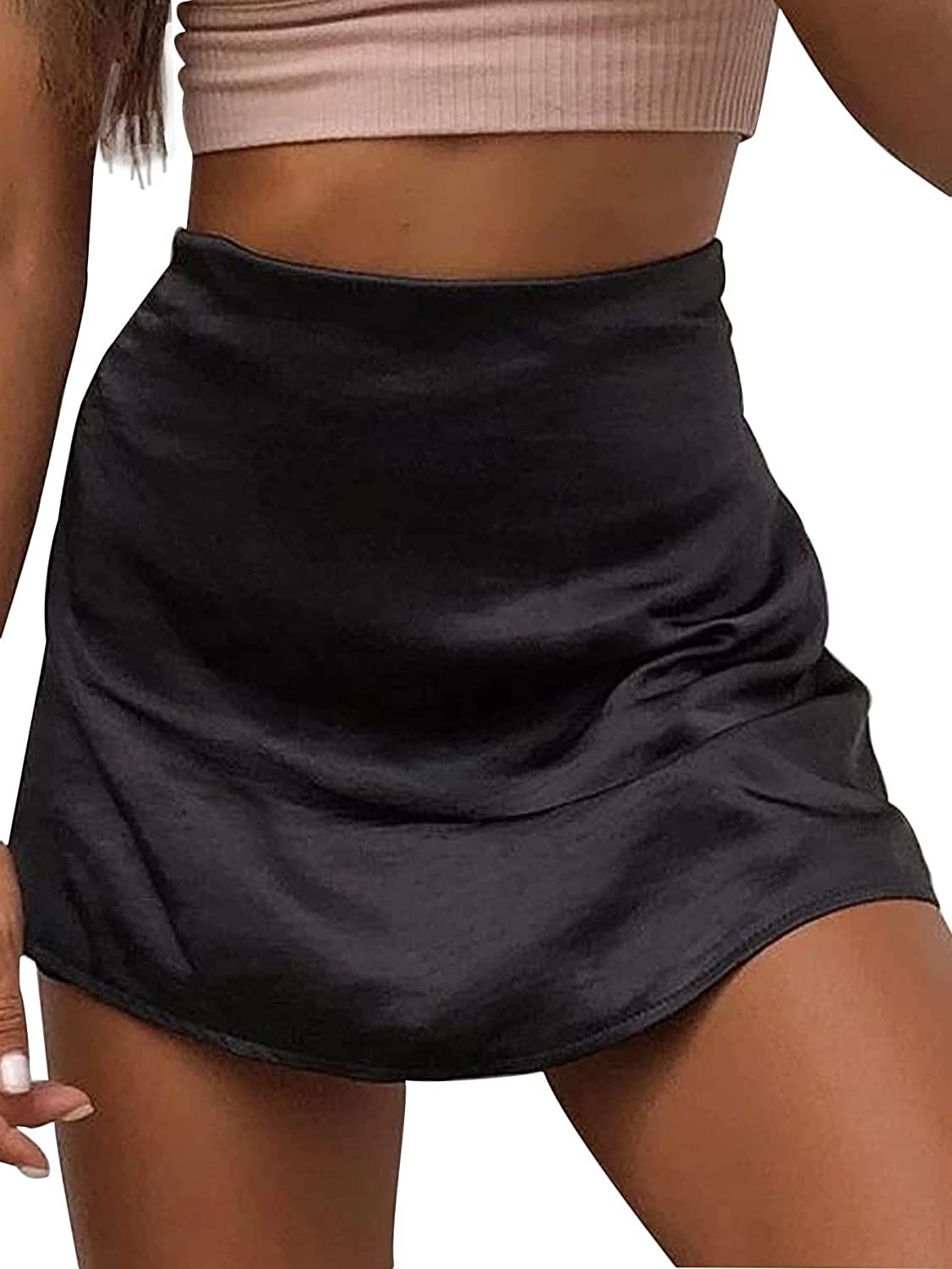 Amazon.com: LYANER Women's Casual Satin Silk High Waist Zipper Mini Short Skirt Solid Black Small... | Amazon (US)