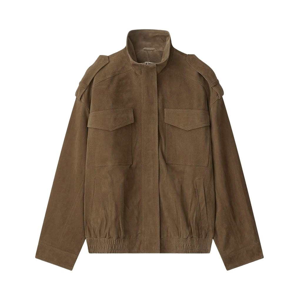 FindThy Women’s Suede Leather Jacket Vintage High Collar Long Sleeve Zip Up Oversized Outerwear... | Amazon (US)