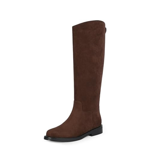 QIY Women's Knee High Boots Suede Long Boot For Women Dress 2025 Brown Chunky Heel Round Toe Wide Width Riding Shoes Slip On Flat Tall Boots For Women No Heel Chocolate Dark Brown Shoes Size 11 | Amazon (US)
