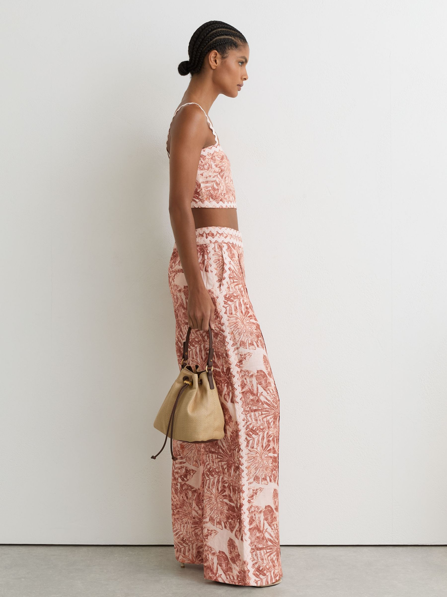 Reiss Linen Wave-Trim Printed Wide-Leg Trousers in Pale Pink - REISS | Reiss UK