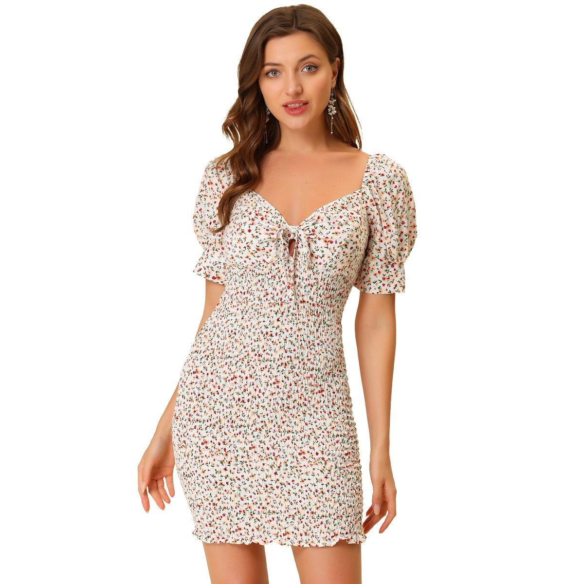 Allegra K Women's Puff Short Sleeve Sweetheart Neck Floral Smocked Bodycon Mini Dress | Target