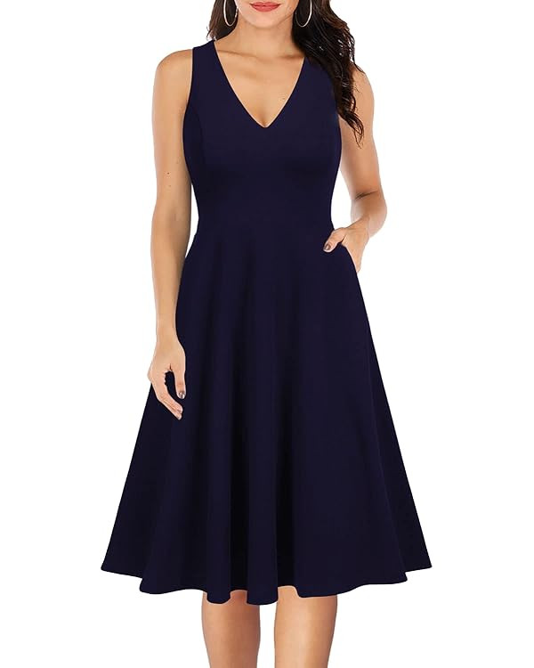 WOOSEA Women's Sleeveless V Neck Vintage Pockets Swing Business Church Dress | Amazon (US)