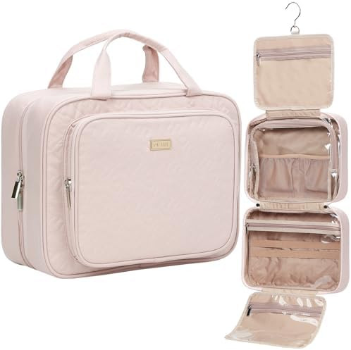 NISHEL Travel Toiletry Bag for women, Portable Hanging Organizer for Travel-Sized Shampoo, Conditioner, Brushes Set, makeup Accessories, Medium Size, Pink | Amazon (US)