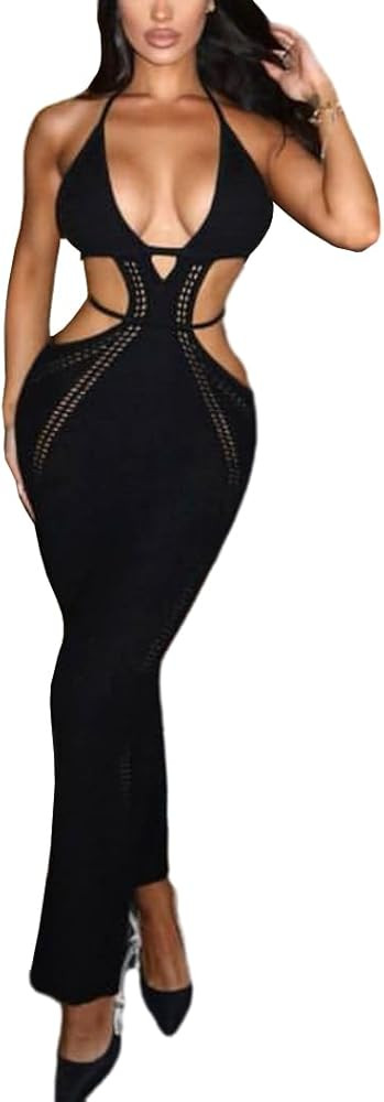 Women's Crochet Knit Maxi Dress Halter Bodycon Dress Sleeveless Tie Backless Cut Out Summer Beach... | Amazon (US)
