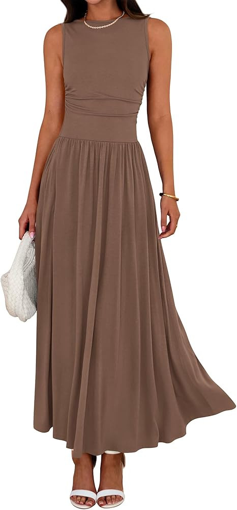 BTFBM Summer Maxi Dresses for Women 2025 Sleeveless Casual Ruched High Waisted Tank Long Sundress... | Amazon (US)